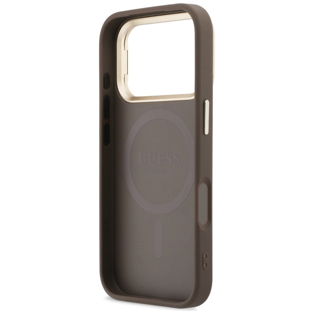 MagSafe-hoesje voor Apple iPhone 18 Pro / 17 Pro, Guess, 4G Triangle Logo & Camera-standaard, bruin