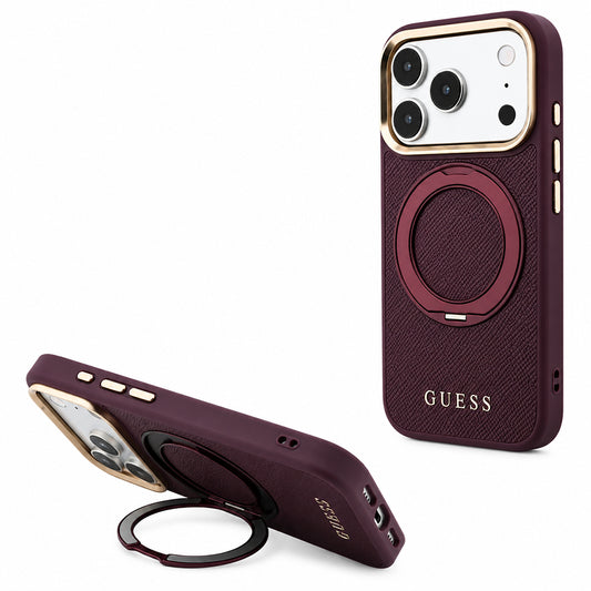 MagSafe-hoesje voor Apple iPhone 18 Pro / 17 Pro, Guess, Grained Ring Stand 360 Classic, bordeauxrood