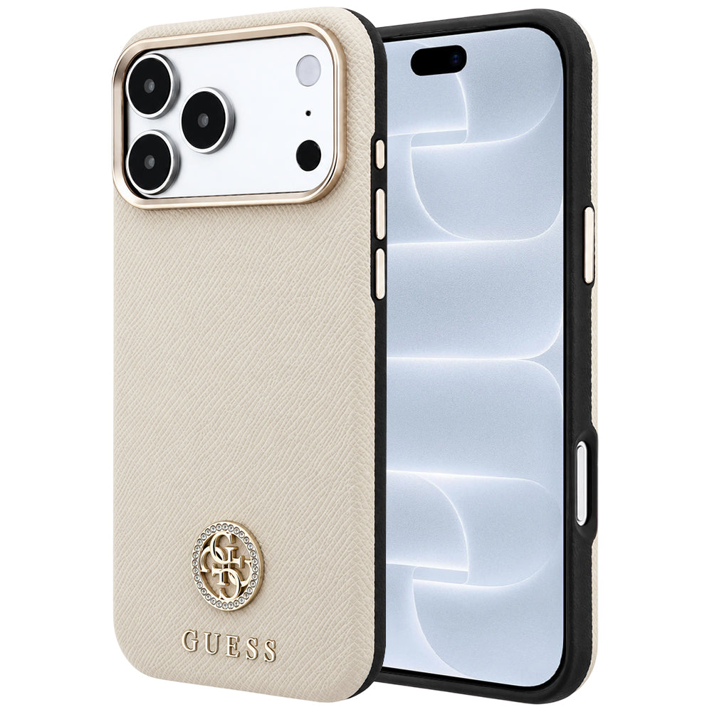MagSafe-hoesje voor Apple iPhone 18 Pro / 17 Pro, Guess, Gegranuleerd Rond Strass-logo, Beige