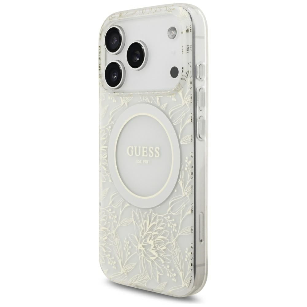 MagSafe-hoes voor Apple iPhone 18 Pro / 17 Pro, Guess, IML Flowers verguld met parelriem, wit