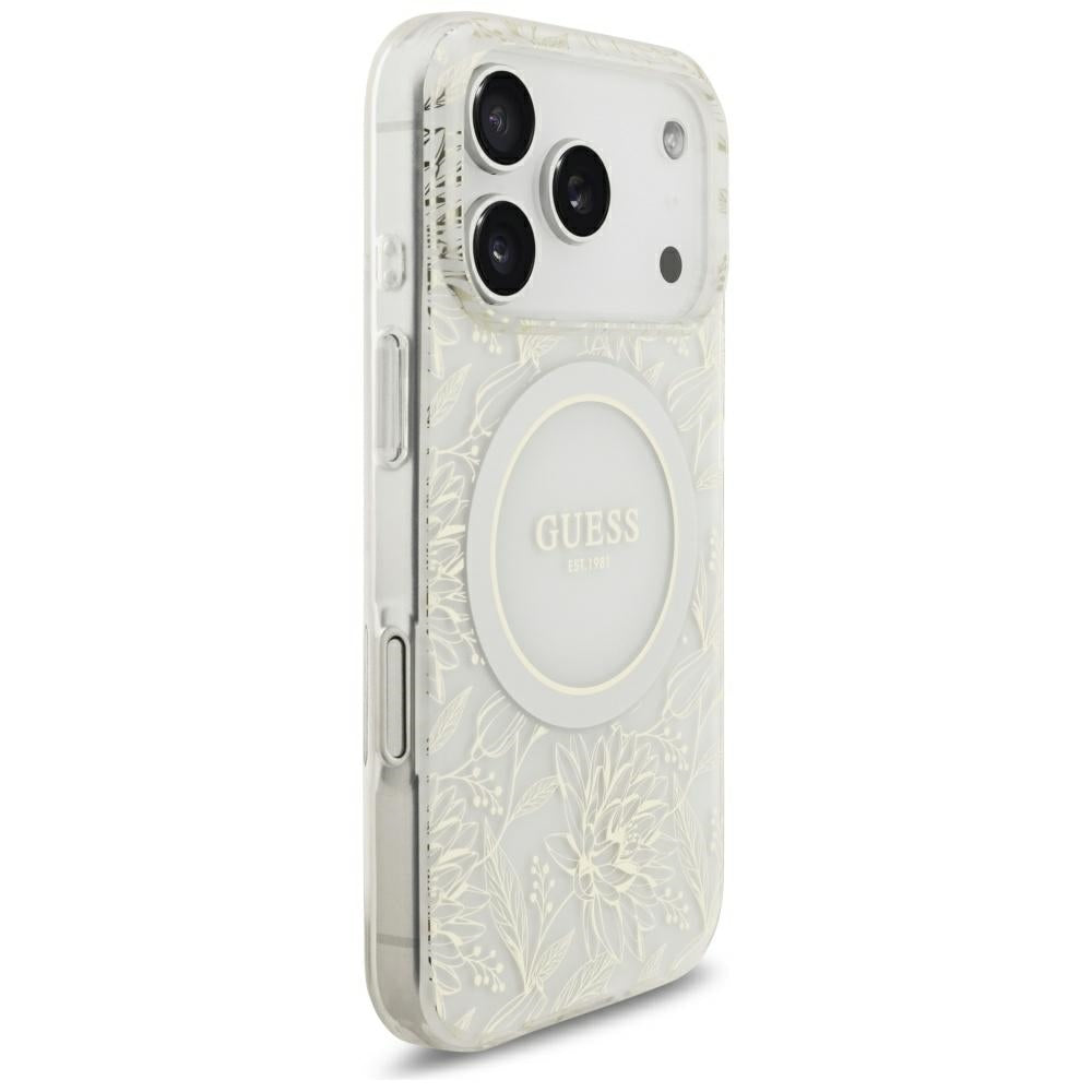 MagSafe-hoes voor Apple iPhone 18 Pro / 17 Pro, Guess, IML Flowers verguld met parelriem, wit
