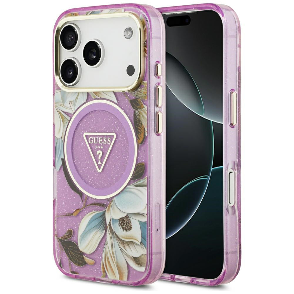 MagSafe-hoes voor Apple iPhone 18 Pro / 17 Pro, Guess, IML Metal Glitter Flowers Triangle, Paars