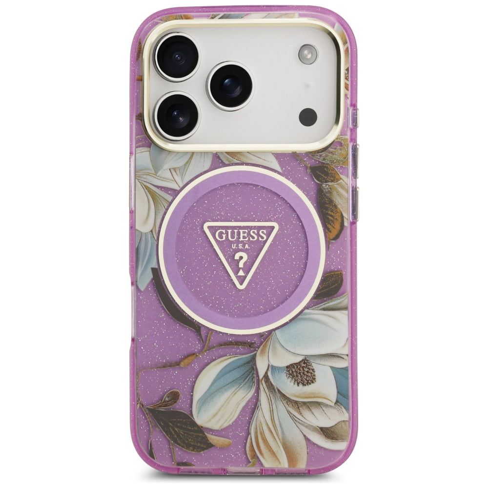 MagSafe-hoes voor Apple iPhone 18 Pro / 17 Pro, Guess, IML Metal Glitter Flowers Triangle, Paars