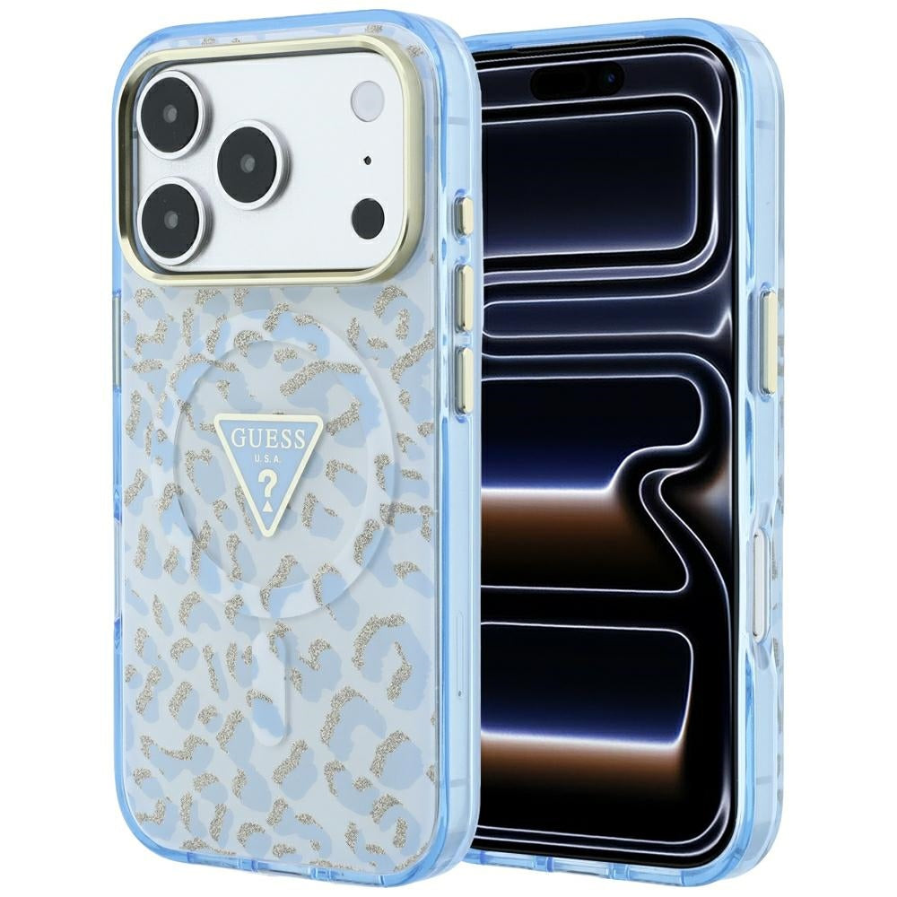 MagSafe-hoesje voor Apple iPhone 18 Pro / 17 Pro, Guess, Leopard Glitter Driehoek Logo, Blauw