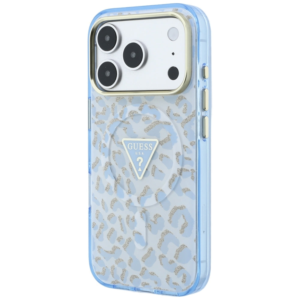 MagSafe-hoesje voor Apple iPhone 18 Pro / 17 Pro, Guess, Leopard Glitter Driehoek Logo, Blauw