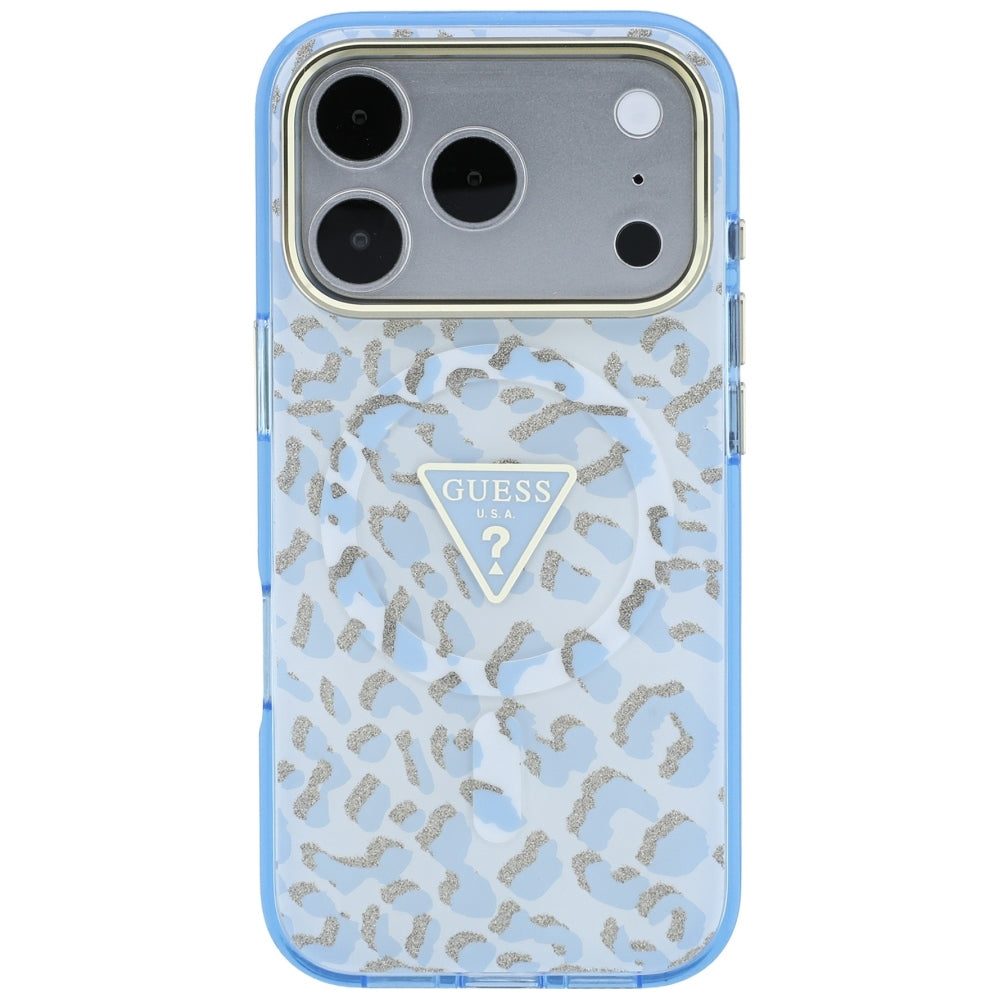 MagSafe-hoesje voor Apple iPhone 18 Pro / 17 Pro, Guess, Leopard Glitter Driehoek Logo, Blauw