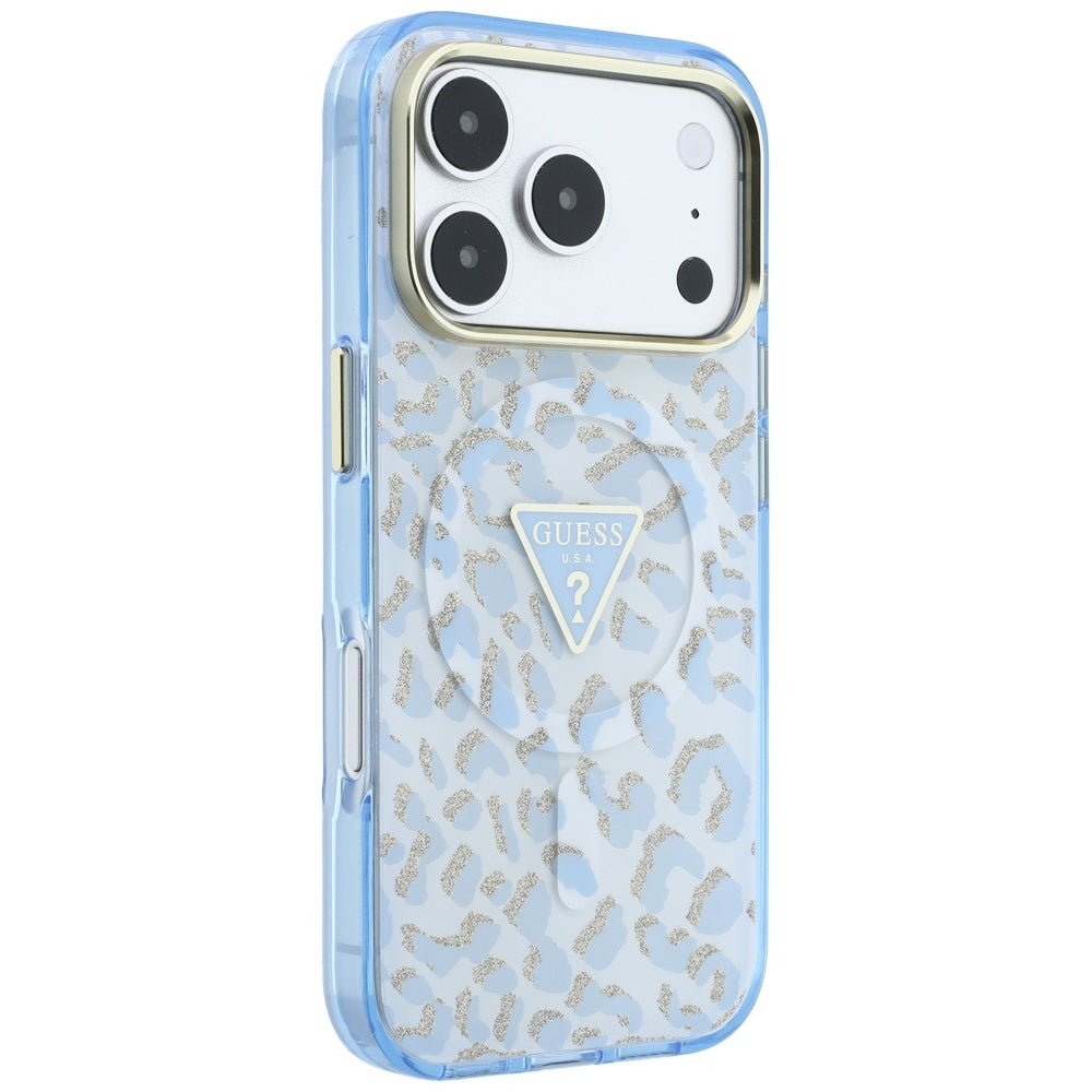 MagSafe-hoesje voor Apple iPhone 18 Pro / 17 Pro, Guess, Leopard Glitter Driehoek Logo, Blauw