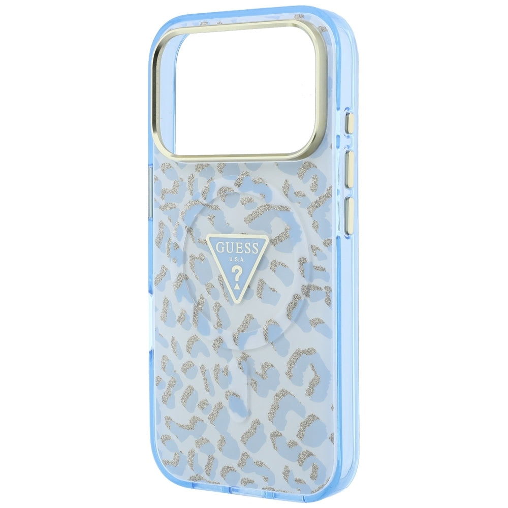 MagSafe-hoesje voor Apple iPhone 18 Pro / 17 Pro, Guess, Leopard Glitter Driehoek Logo, Blauw