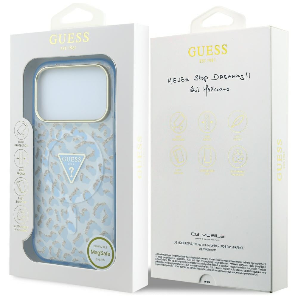 MagSafe-hoesje voor Apple iPhone 18 Pro / 17 Pro, Guess, Leopard Glitter Driehoek Logo, Blauw