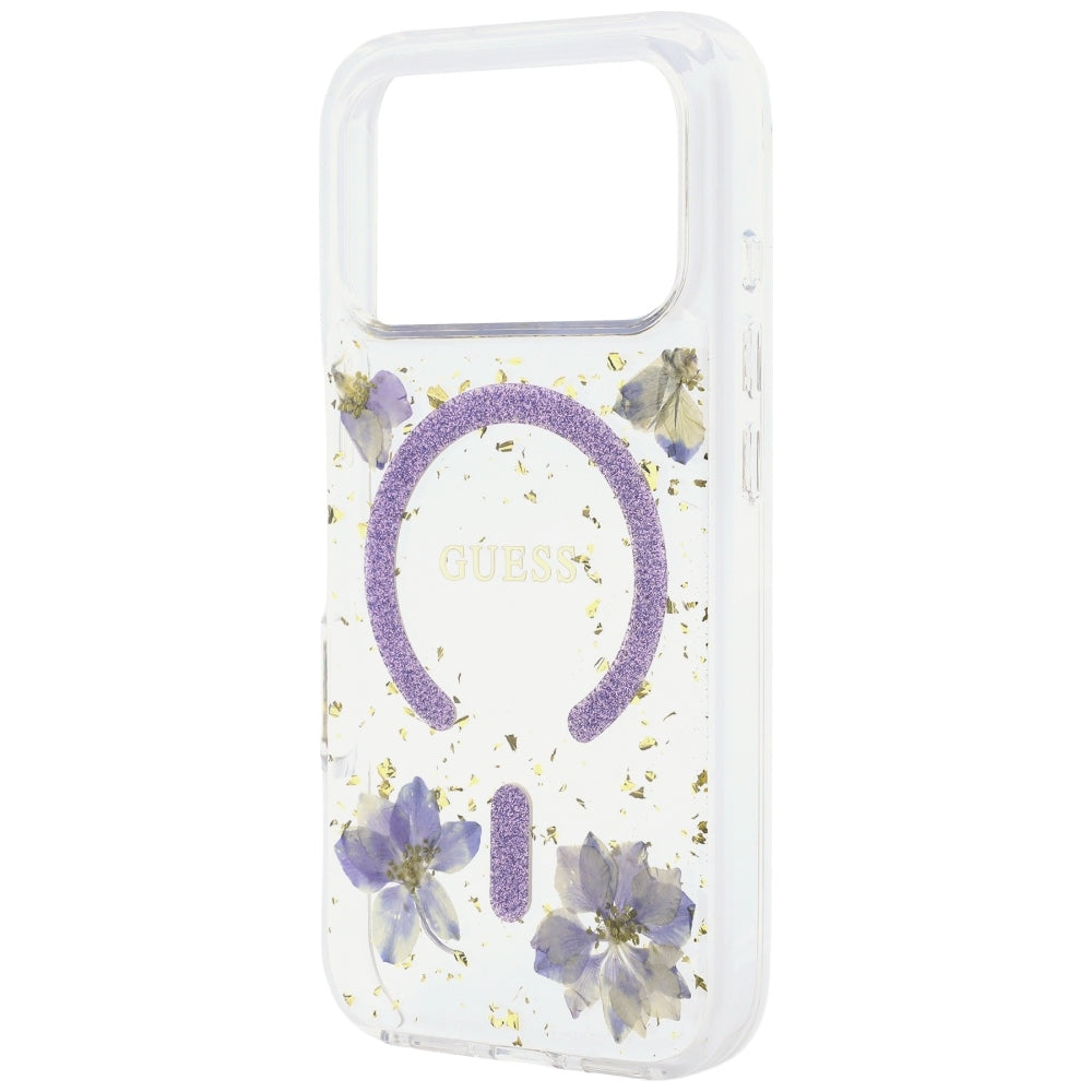 MagSafe-hoesje voor Apple iPhone 18 Pro / 17 Pro, Guess, Resin Flowers and Glitter, Paars