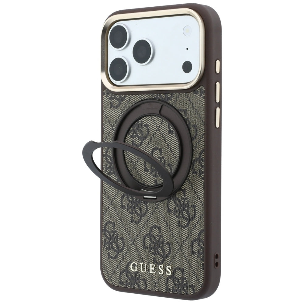 MagSafe Case for Apple iPhone 18 Pro / 17 Pro, Guess, Ring Stand 360 4G Classic Logo, Brown