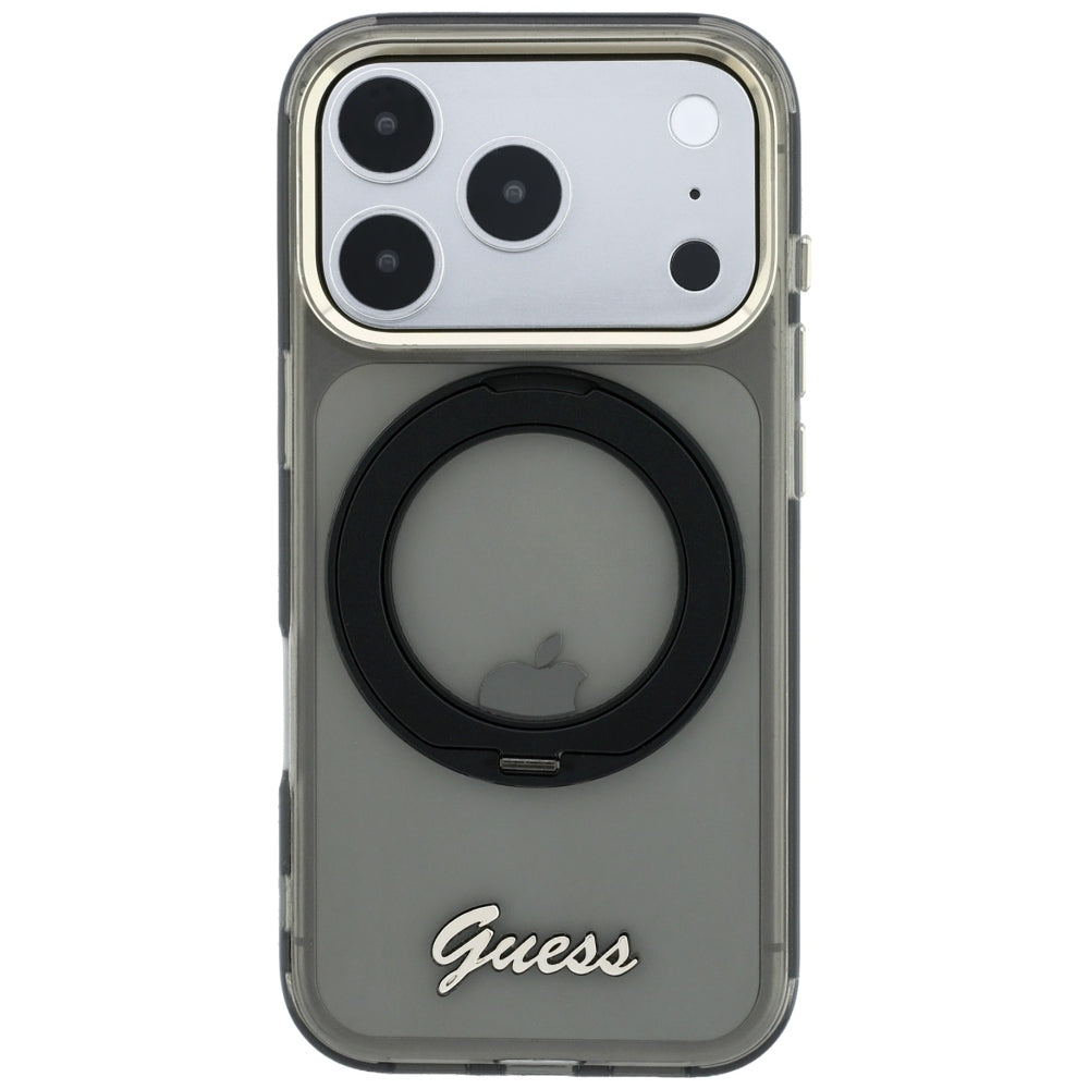 MagSafe-hoes voor Apple iPhone 18 Pro / 17 Pro, Guess, Ring Stand Script Metaallogo, Zwart