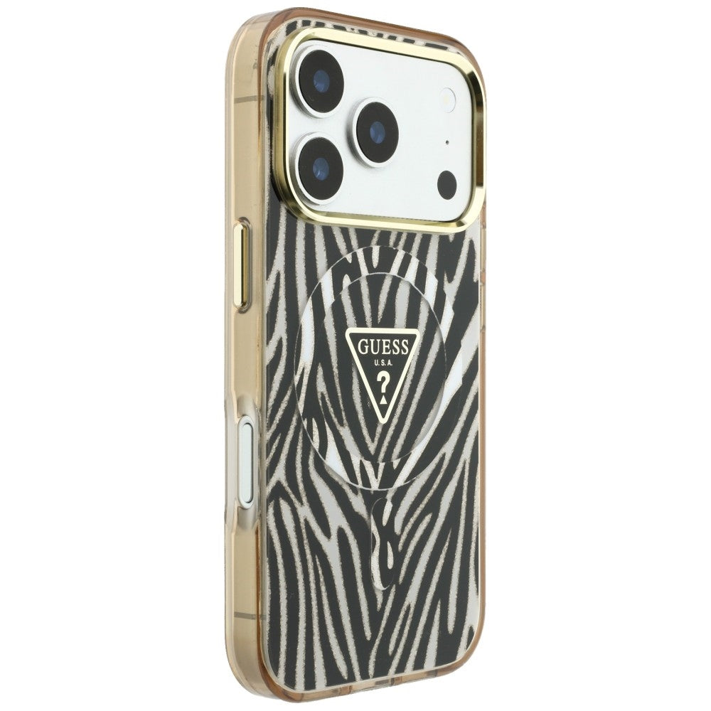 MagSafe-hoesje voor Apple iPhone 18 Pro / 17 Pro, Guess, Zebra Glitter Driehoek Logo, Goud