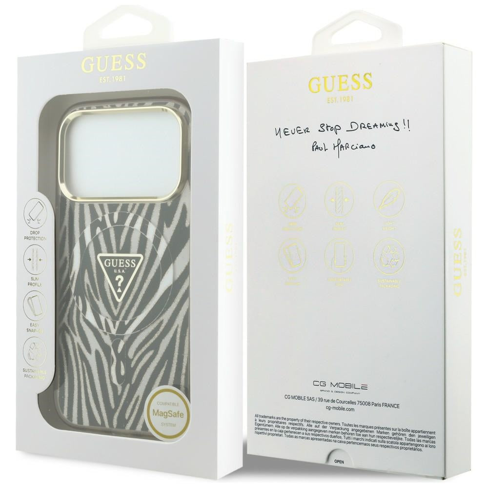 MagSafe-hoesje voor Apple iPhone 18 Pro / 17 Pro, Guess, Zebra Glitter Driehoek Logo, Goud