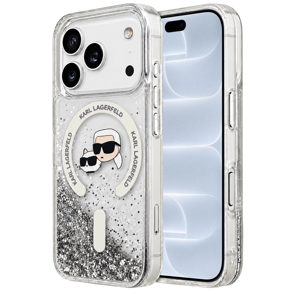 MagSafe-hoesje voor Apple iPhone 18 Pro / 17 Pro, Karl Lagerfeld, Liquid Glitter Karl & Choupette Head's, Transparant