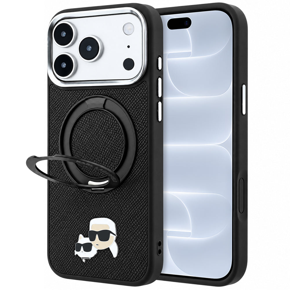 MagSafe-hoes voor Apple iPhone 18 Pro / 17 Pro, Karl Lagerfeld, Ring Stand 360 Karl & Choupette Pin, Zwart