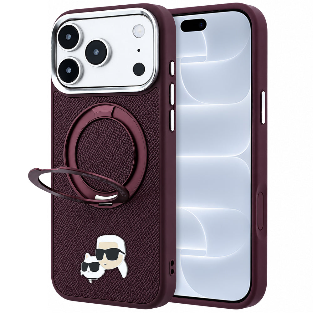 MagSafe-hoes voor Apple iPhone 18 Pro / 17 Pro, Karl Lagerfeld, Ring Stand 360 Karl & Choupette Pin, Wijnrood