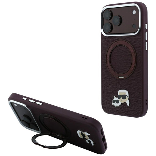 MagSafe-hoes voor Apple iPhone 18 Pro / 17 Pro, Karl Lagerfeld, Ring Stand 360 Karl & Choupette Pin, Wijnrood