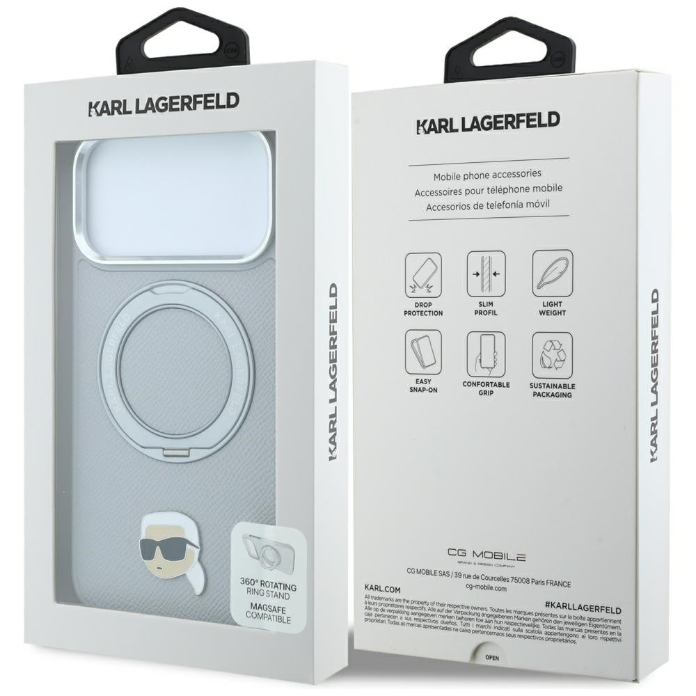 MagSafe-hoesje voor Apple iPhone 18 Pro / 17 Pro, Karl Lagerfeld, Ring Stand 360 Karl Pin, Grijs