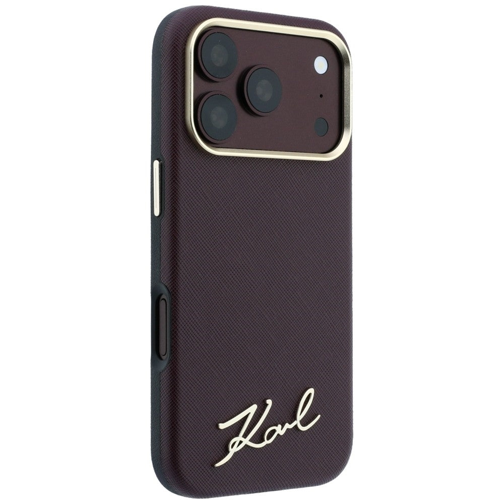 MagSafe-hoesje voor Apple iPhone 18 Pro / 17 Pro, Karl Lagerfeld, Saffiano Small Script Metal Logo, Bordeaux