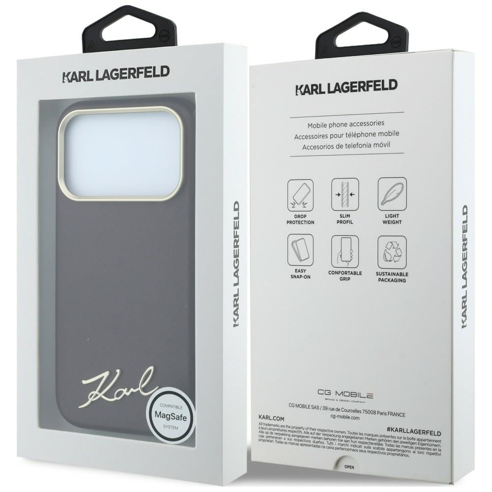 MagSafe-hoesje voor Apple iPhone 18 Pro / 17 Pro, Karl Lagerfeld, Saffiano Small Script Metal Logo, Bordeaux
