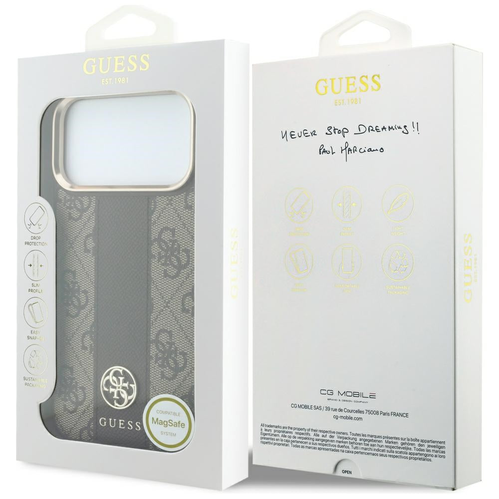 MagSafe-hoesje voor Apple iPhone 18 Pro Max / 17 Pro Max, Guess, 4G Stripe Round Classic Logo, Bruin