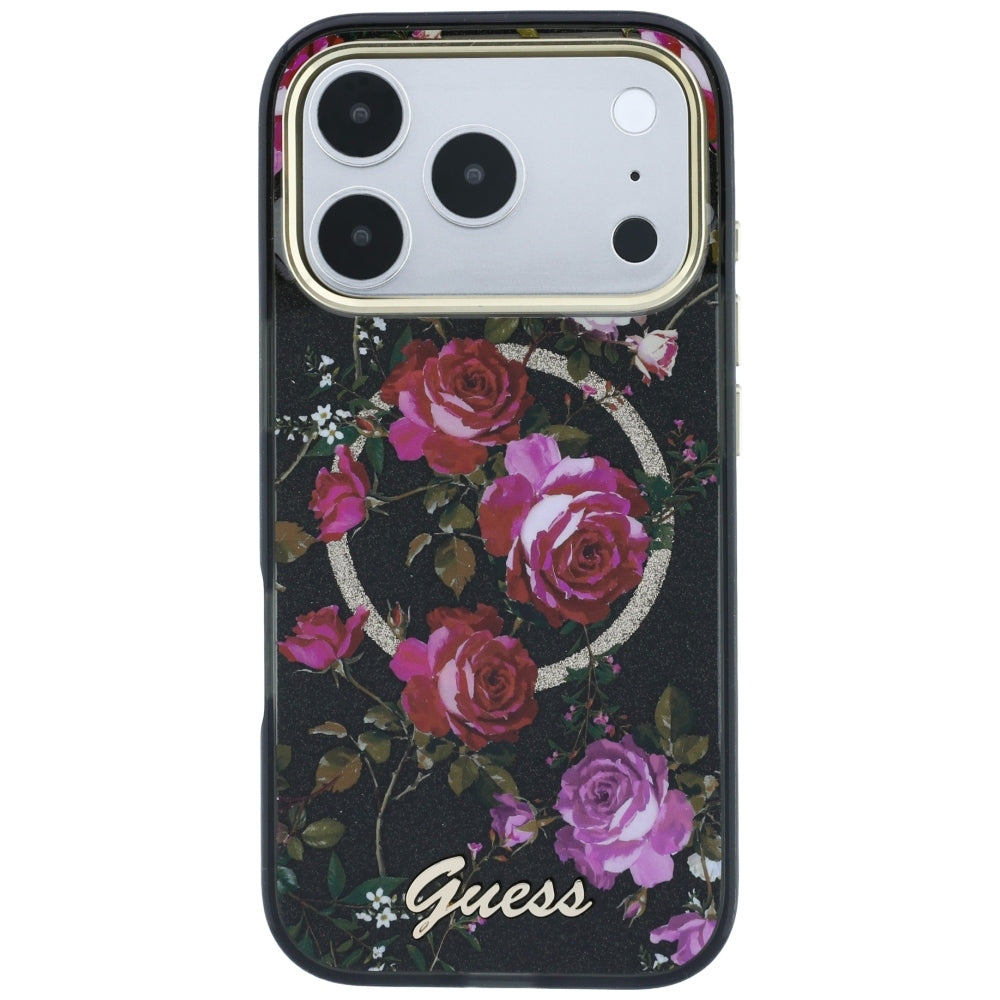 MagSafe-hoesje voor Apple iPhone 18 Pro Max / 17 Pro Max, Guess, IML Glitter Blossom Roses, zwart