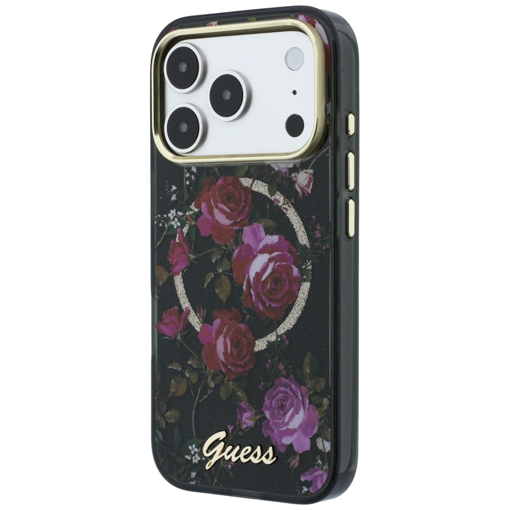 MagSafe-hoesje voor Apple iPhone 18 Pro Max / 17 Pro Max, Guess, IML Glitter Blossom Roses, zwart