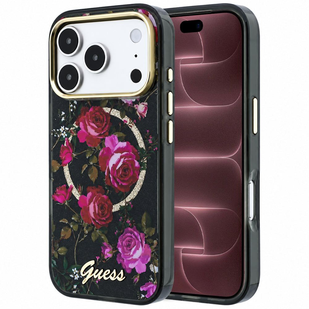 MagSafe-hoesje voor Apple iPhone 18 Pro Max / 17 Pro Max, Guess, IML Glitter Blossom Roses, zwart