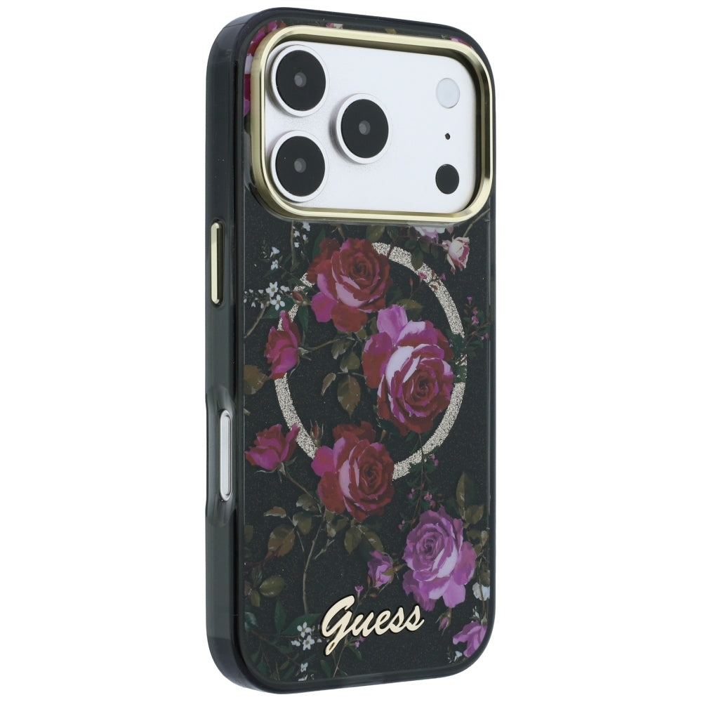 MagSafe-hoesje voor Apple iPhone 18 Pro Max / 17 Pro Max, Guess, IML Glitter Blossom Roses, zwart