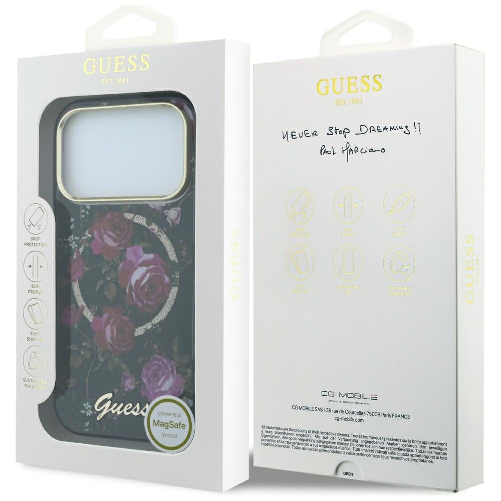 MagSafe-hoesje voor Apple iPhone 18 Pro Max / 17 Pro Max, Guess, IML Glitter Blossom Roses, zwart