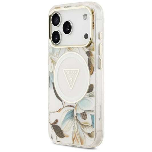 MagSafe-hoesje voor Apple iPhone 18 Pro Max / 17 Pro Max, Guess, IML Metal Glitter Flowers Triangle, wit
