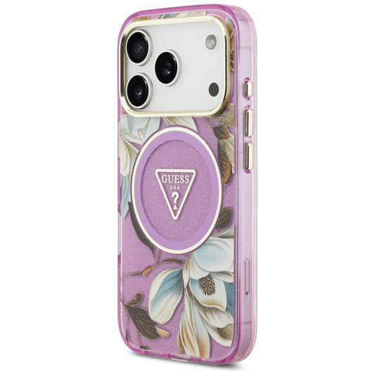 MagSafe-hoesje voor Apple iPhone 18 Pro Max / 17 Pro Max, Guess, IML Metal Glitter Flowers Triangle, paars