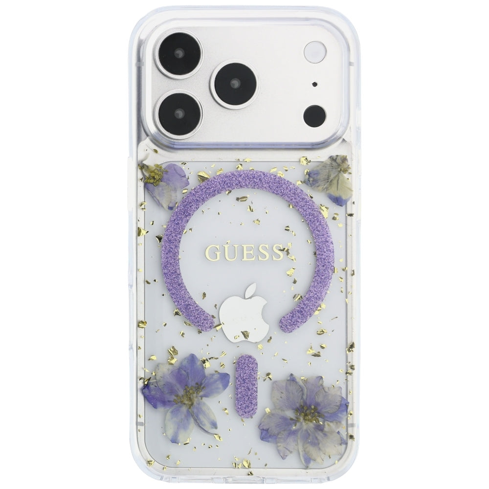 MagSafe Case for Apple iPhone 18 Pro Max / 17 Pro Max, Guess, Resin Flowers and Glitter, Purple
