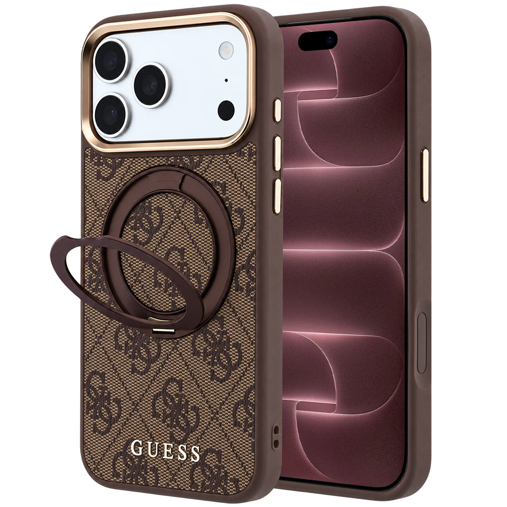 MagSafe-hoes voor Apple iPhone 18 Pro Max / 17 Pro Max, Guess, Ring Stand 360 4G Classic Logo, Bruin