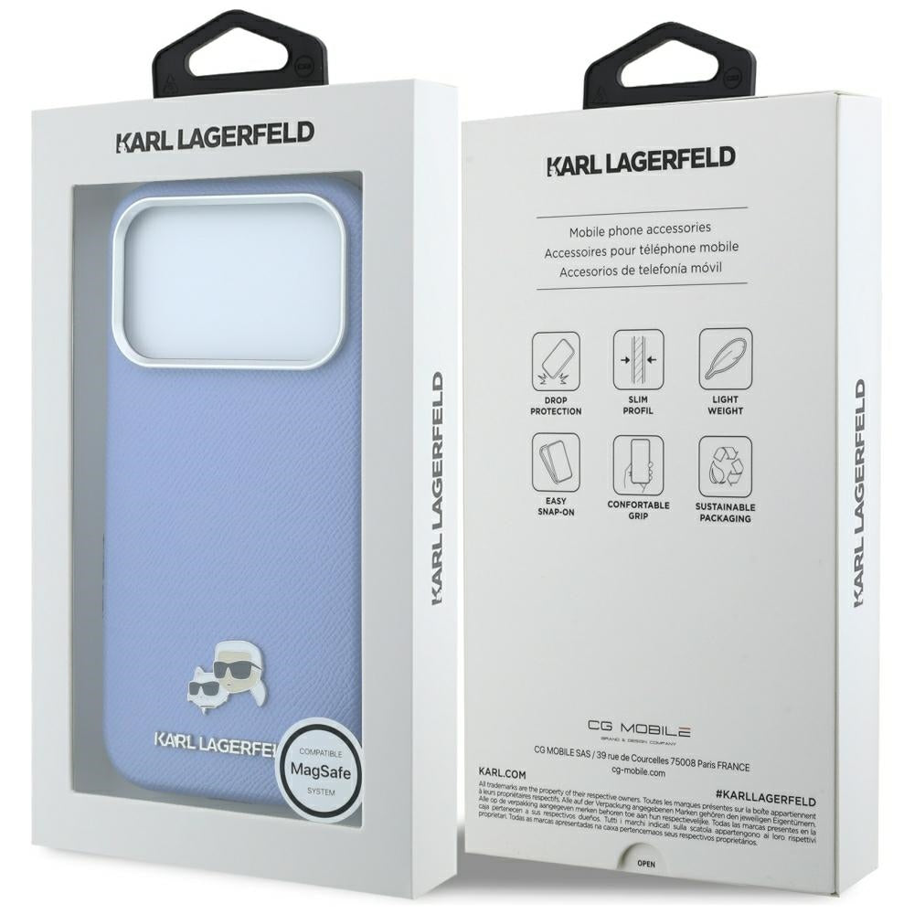MagSafe-hoes voor Apple iPhone 18 Pro Max / 17 Pro Max, Karl Lagerfeld, Grained Karl & Choupette Head's Metal, Bleu