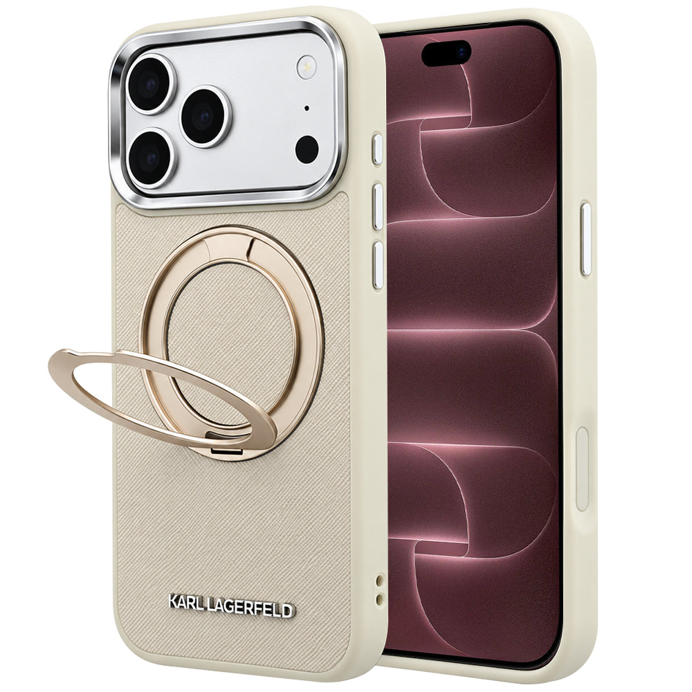MagSafe-hoesje voor Apple iPhone 18 Pro Max / 17 Pro Max, Karl Lagerfeld, Ring Stand 360 Saffiano, beige