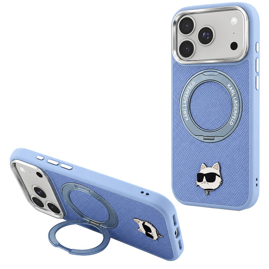 MagSafe-hoes voor Apple iPhone 18 Pro Max / 17 Pro Max, Karl Lagerfeld, Saffiano Ring Stand 360 Choupette Pin, Blauw