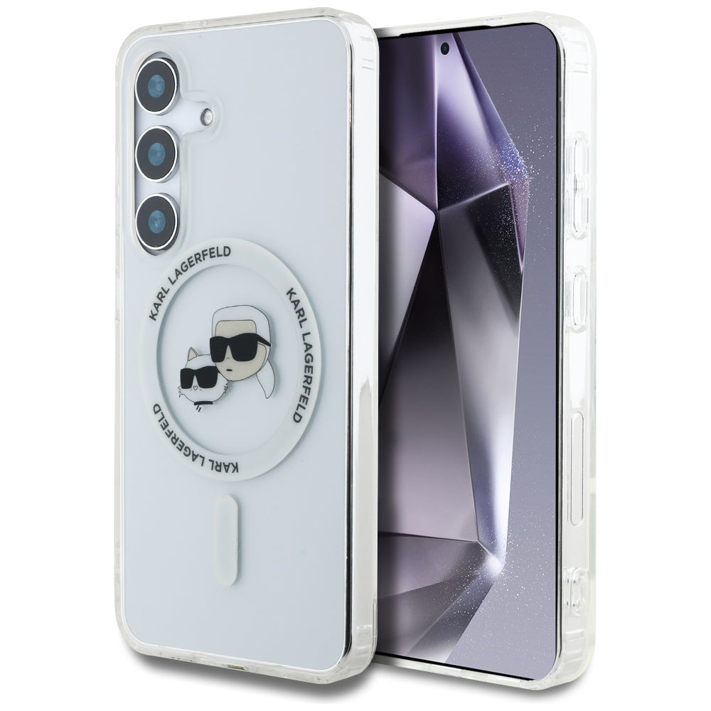 MagSafe hoes voor Samsung Galaxy S25 S931, Karl Lagerfeld, IML Metal Karl & Choupette's Heads, Wit