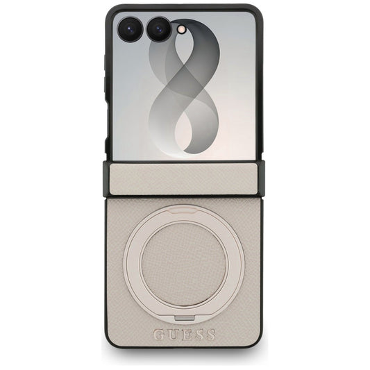 MagSafe-hoes voor Samsung Galaxy Z Flip8 F776, Guess, Ring Stand Grained Classic Logo, Beige