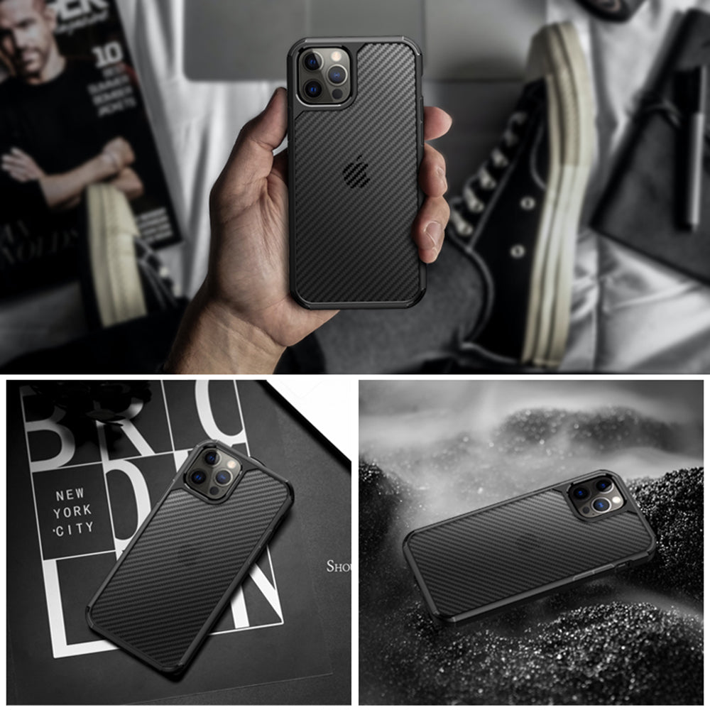 Hoesje voor Apple iPhone 12 / 12 Pro, Techsuit, CarbonFuse, Zwart