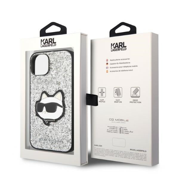 Hoes voor Apple iPhone 14, Karl Lagerfeld, Glitter Choupette Patch, Zilverkleurig