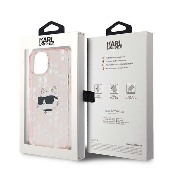 Hoes voor Apple iPhone 14, Karl Lagerfeld, IML Luxury Monogram Choupette's Head, Roze