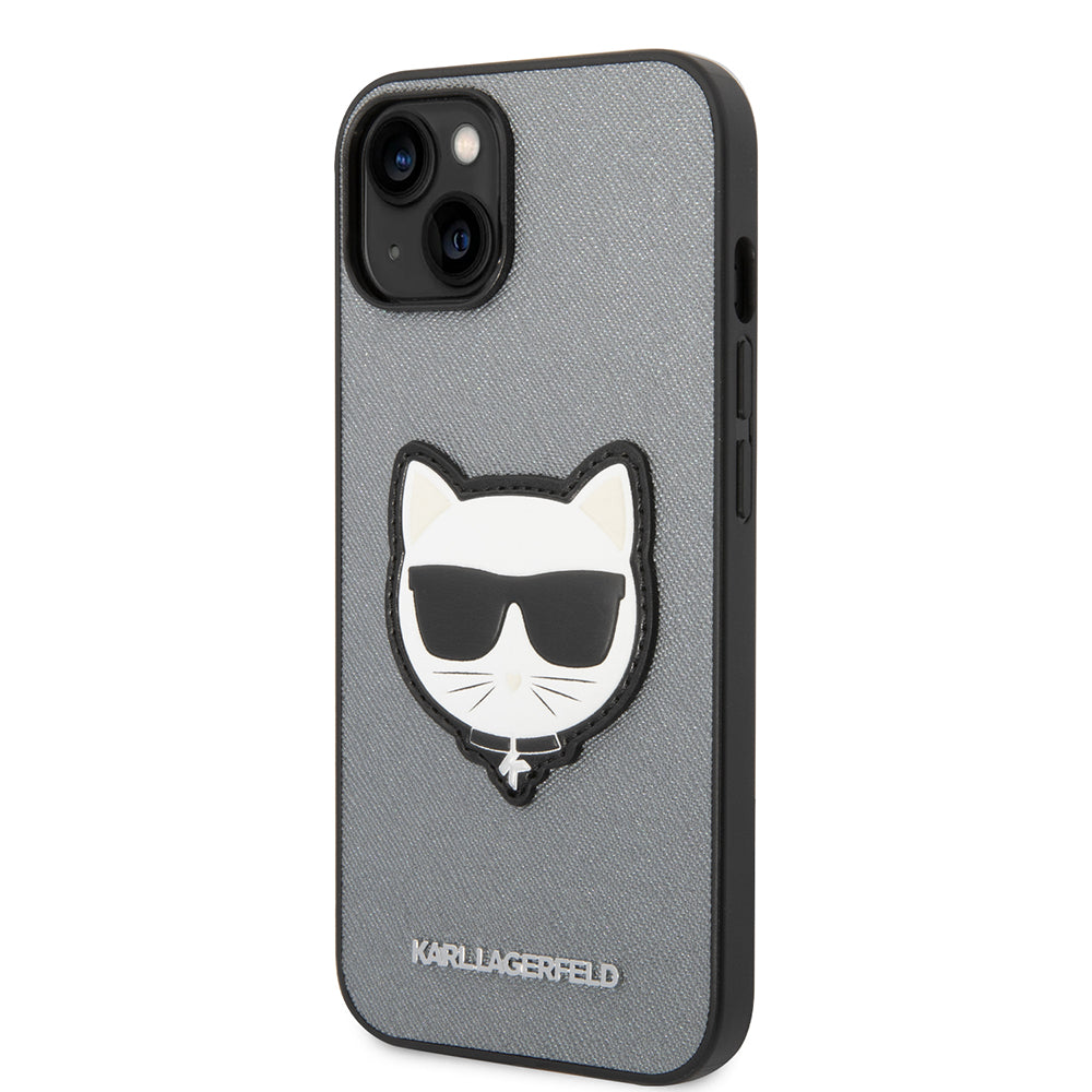 Hoes voor Apple iPhone 14, Karl Lagerfeld, Saffiano Choupette's Head, Zilverkleurig