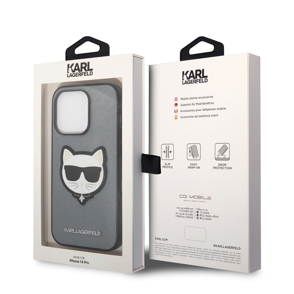 Hoes voor Apple iPhone 14, Karl Lagerfeld, Saffiano Choupette's Head, Zilverkleurig