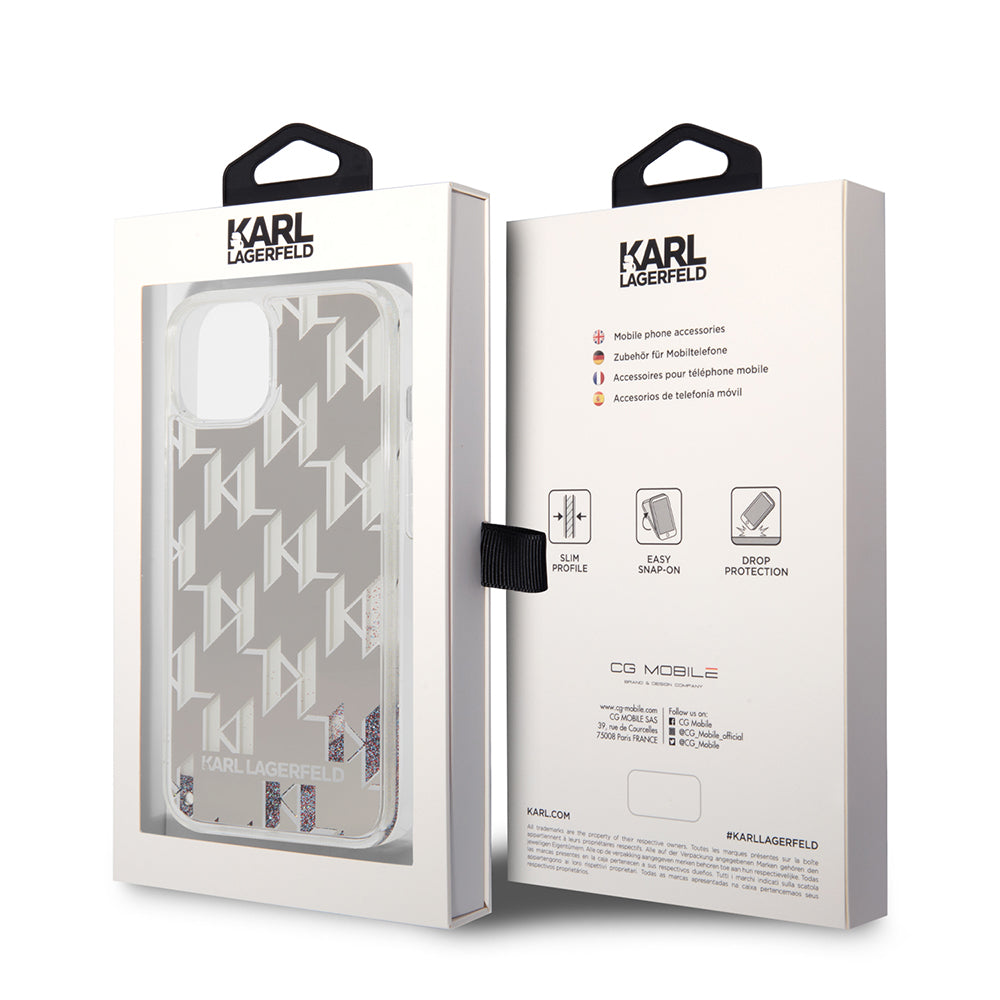 Hoes voor Apple iPhone 14 Plus, Karl Lagerfeld, Liquid Glitter Monogram, Zilverkleurig