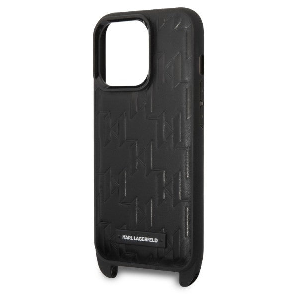Hoes voor Apple iPhone 14 Pro, Karl Lagerfeld, Monogram Plaque Logo met Band, Zwart