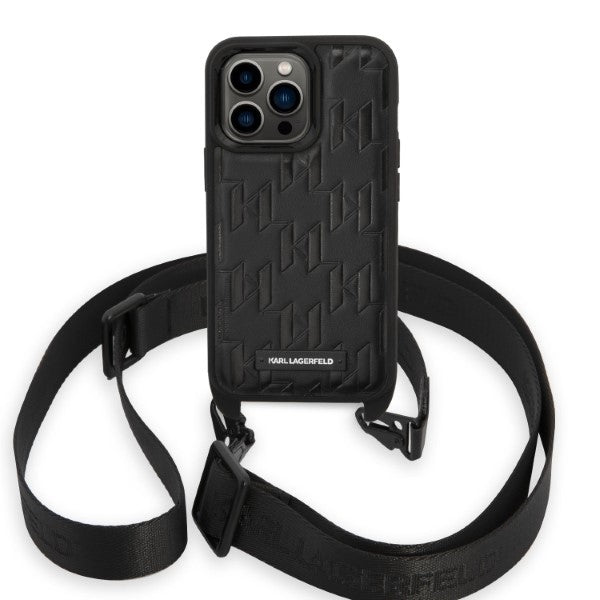 Hoes voor Apple iPhone 14 Pro, Karl Lagerfeld, Monogram Plaque Logo met Band, Zwart
