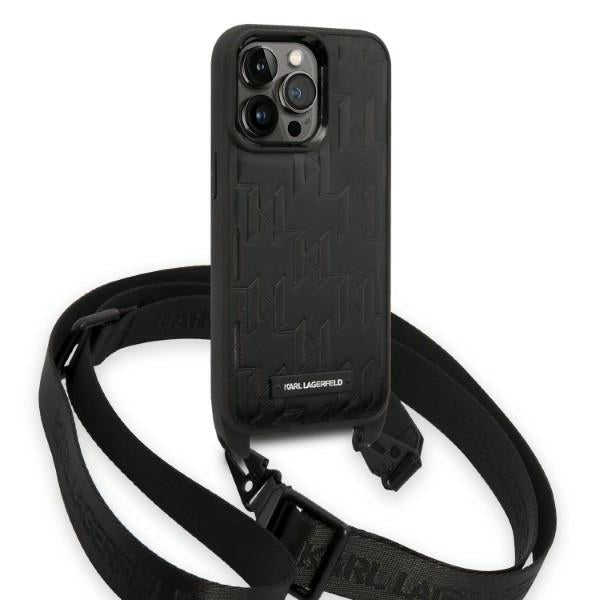 Hoes voor Apple iPhone 14 Pro, Karl Lagerfeld, Monogram Plaque Logo met Band, Zwart