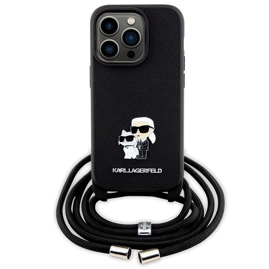 Hoes voor Apple iPhone 14 Pro, Karl Lagerfeld, Saffiano Crossbody Metal Pin Karl & Choupette, Zwart